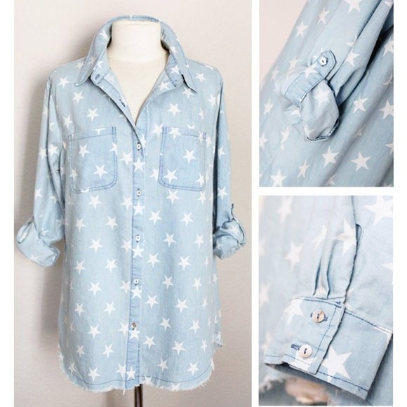 Light Blue Stars Cotton Fray Hem Button Up Shirt - Picture 4 of 8